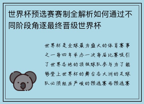 世界杯预选赛赛制全解析如何通过不同阶段角逐最终晋级世界杯